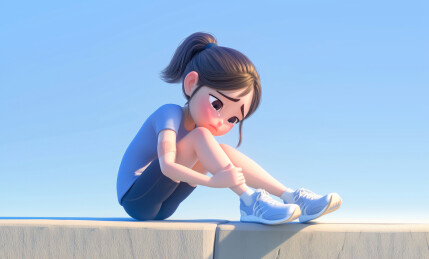 运动意外受伤坐地上抱腿的3D卡通年轻女生