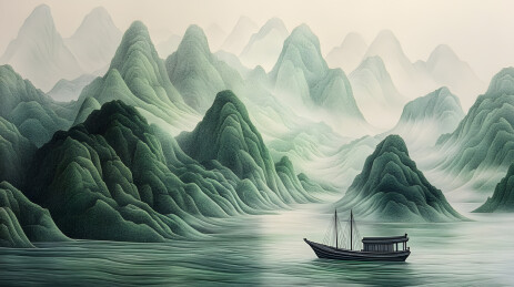 中国风青山小船风景插画