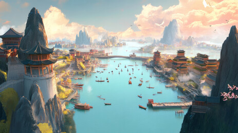 山脉河流船只3d神话游戏空场景