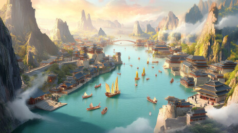 山脉河流船只3d神话游戏空场景
