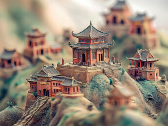 悬崖上中国风古代建筑东方场景3D渲染