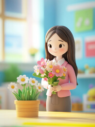 教师节女孩抱着鲜花3D插画