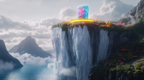 奇幻神话高耸悬崖上的五彩仙石3D立体插画