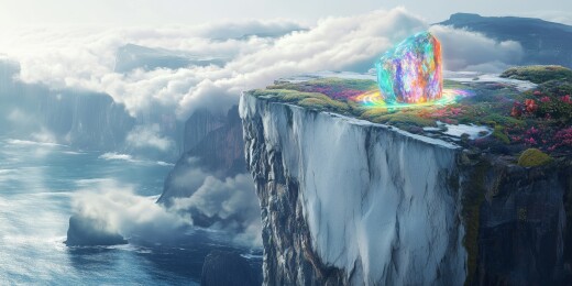 奇幻神话高耸悬崖上的五彩仙石3D立体插画
