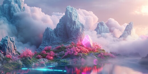奇幻神话高耸悬崖上的五彩仙石3D立体插画