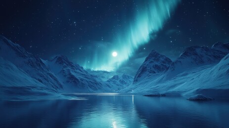 极地夜空中极光与雪山湖泊