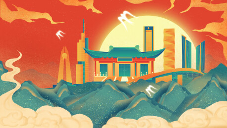 南京中国风壁画绿山城市建筑