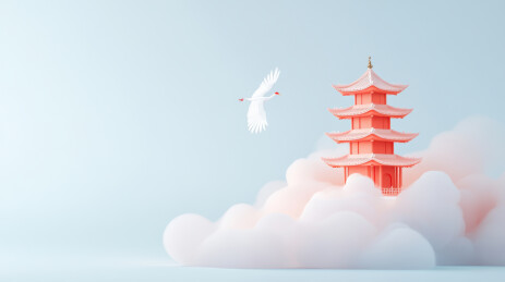 云中红色宝塔与飞鹤