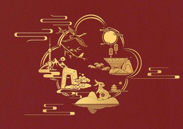 中秋节中国风插画包装封面红色金色建筑剪影