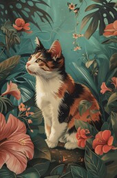 可爱小花猫在树林花丛中