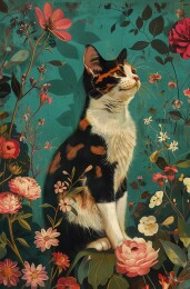可爱小花猫在树林花丛中