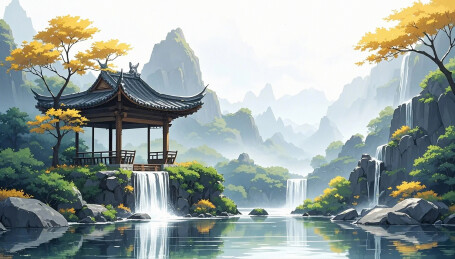 神话仙境山水瀑布古建筑