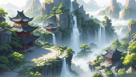 神话仙境悬崖山水瀑布古建筑