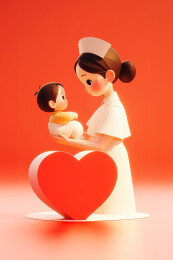 美丽护士抱着小宝宝红色心护理关爱三维图