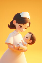 美丽护士抱着小宝宝护理婴儿温馨插画