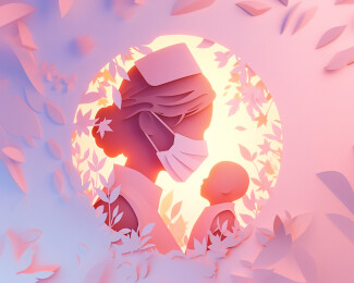 粉色圆窗前护士抱着小婴儿温馨三维图