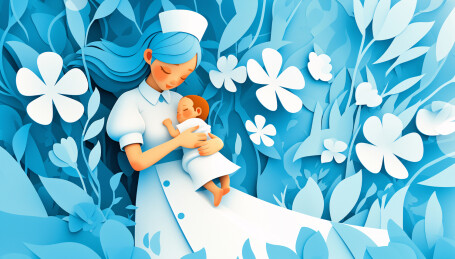 花草丛中美丽护士抱着小宝宝温馨三维图