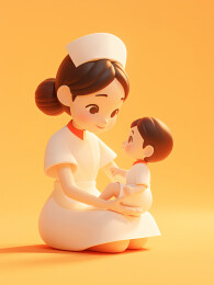 小婴儿坐在护士腿上护理小宝宝温馨三维图