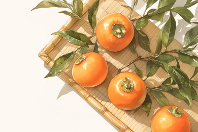 竹盘里放着四个新鲜的柿子叶子水果插画