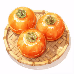 竹盘里放着三个美味的柿子水果插画