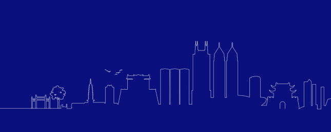 金华城市地标建筑蓝色线描插画