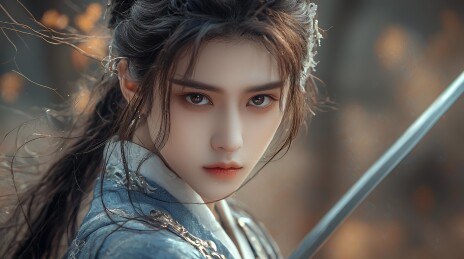 古风女子持剑倚林