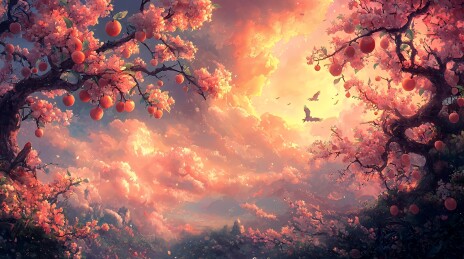 梦幻桃花源，光影交织的奇境