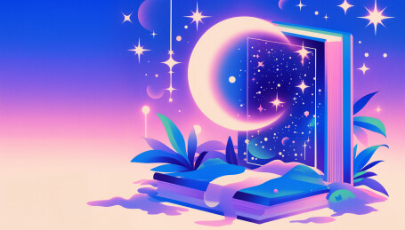 书籍粉紫色星空月亮星星叶子天文学插画