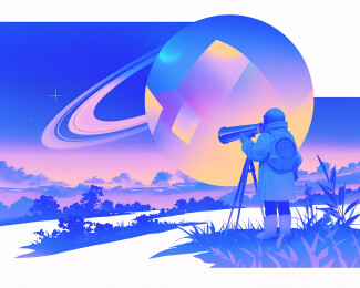 爱好者用望远镜观察山林树木草地星球插画