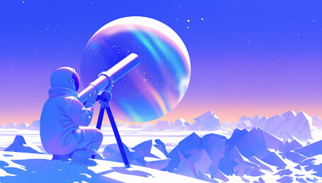 天文爱好者用望远镜观察太空星球插画