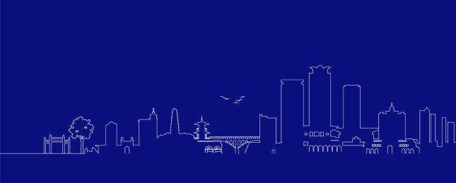 延安城市地标建筑蓝色线描插画