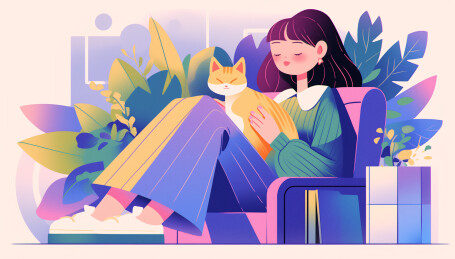 女孩坐在沙发上抱着猫咪盆栽生活插画