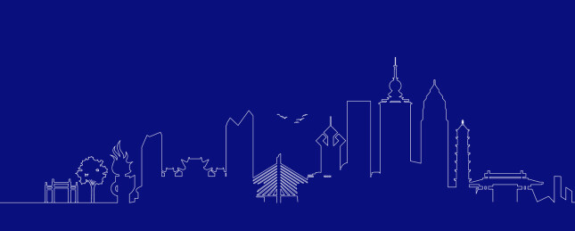 淄博城市地标建筑蓝色线描插画