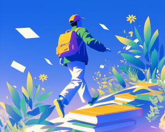 少年背着书包在上坡插画