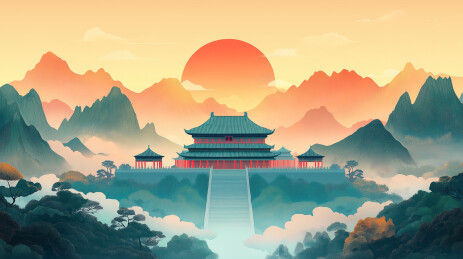 国潮风山水画，山间古建筑