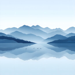 山峦倒影在湖面，水墨风格