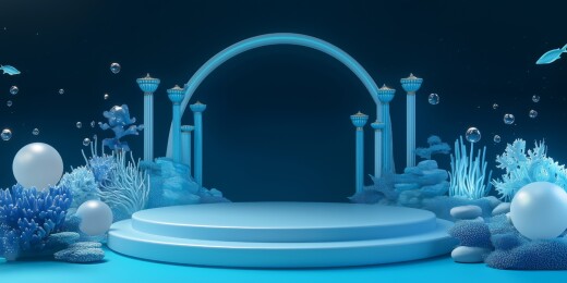 清新清澈水下珊瑚围绕圆型展台3D立体插画
