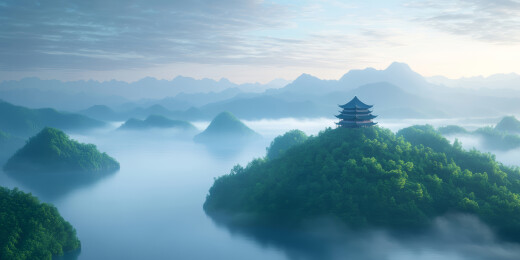 云海中的绿色群山山景插画背景