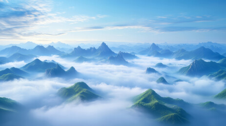 云海中的绿色群山山景插画背景