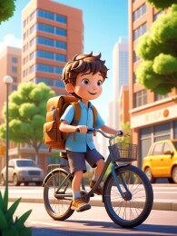卡通街景背书包的小学生骑车开学海报