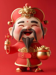 手捧金锭的面带微笑喜庆的财神爷