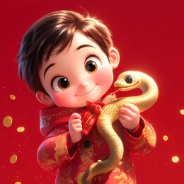 红色背景儿童抱着金红色蛇