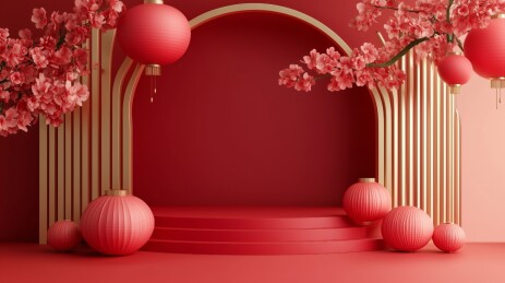 国风红色折纸花灯笼装饰的展台展厅3D背景
