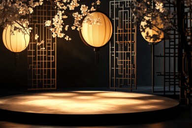 国风黑底金色折纸装饰的展台展厅3D背景
