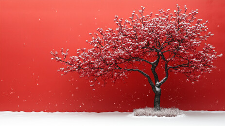 中式美学红墙雪景极简构图插画
