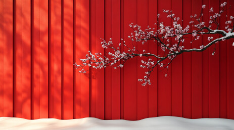 中式美学红墙雪景极简构图插画
