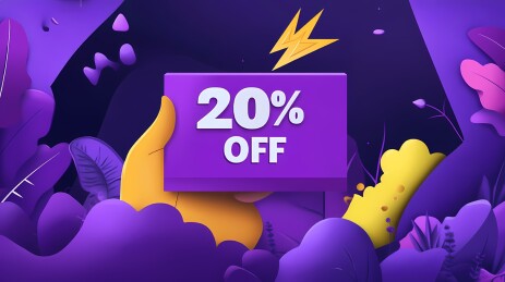 促销广告，一只手拿着一张显示折扣的卡片