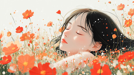 在花丛中睡觉的少女
