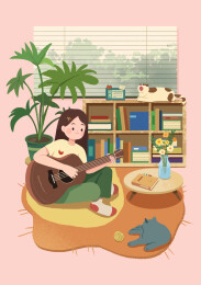 手绘扁平卡通弹吉他的女孩