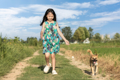 小狗跟着小女孩走在乡间田野里